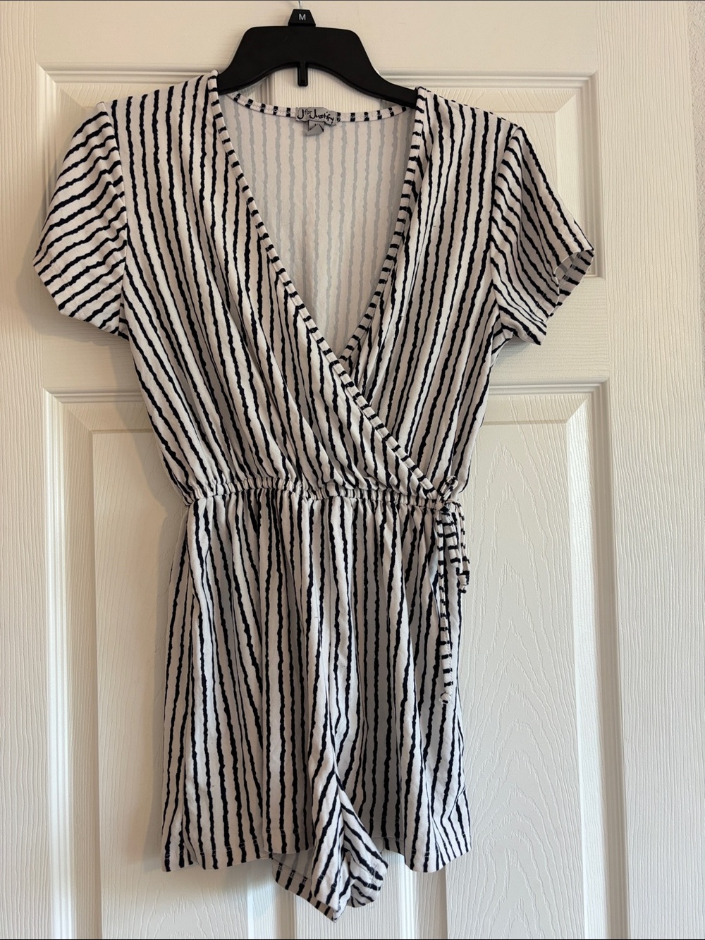 white & black stripped romper size medium